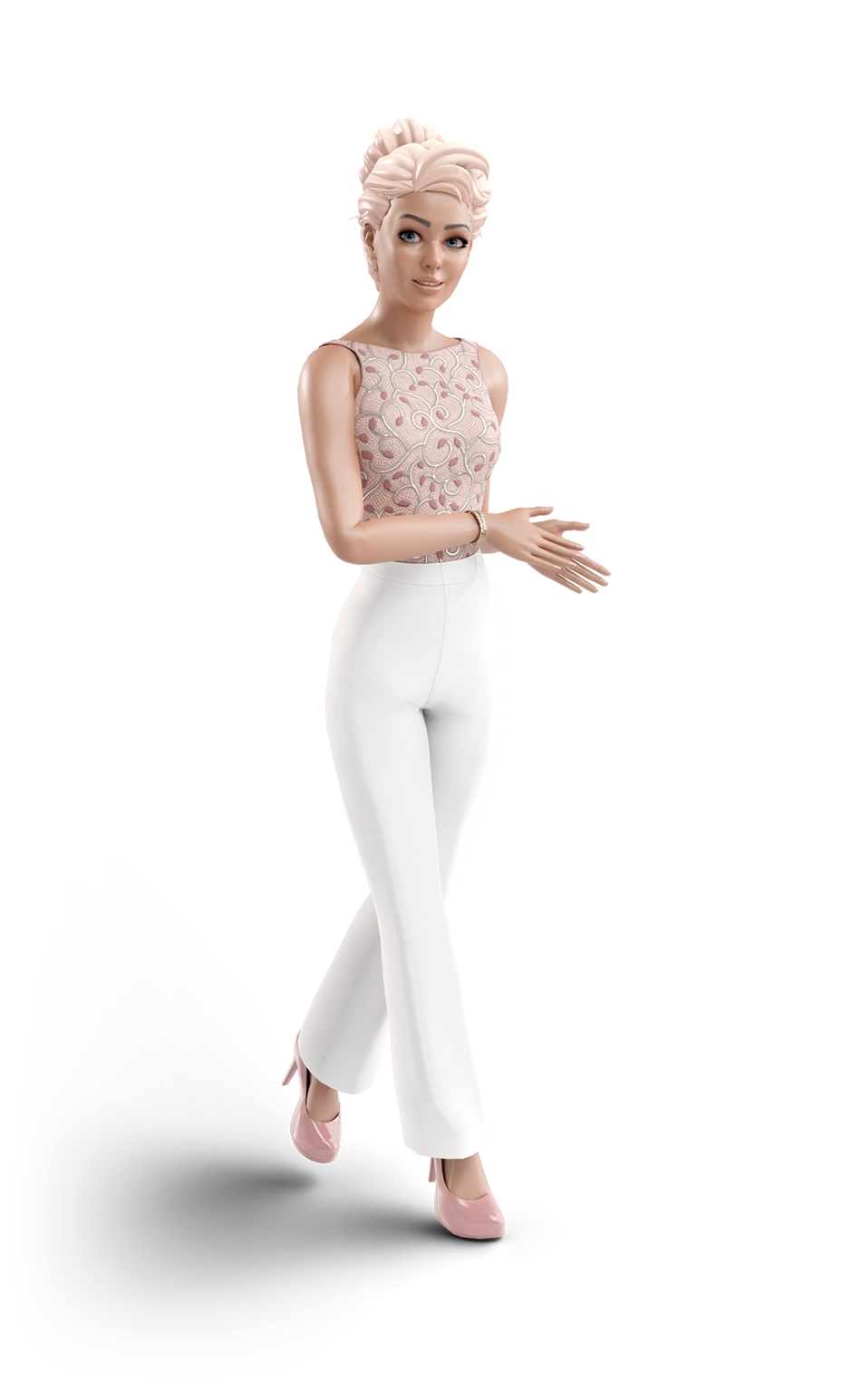 Female avatar wearing long white dress pants and formal sleveless embroidered top.